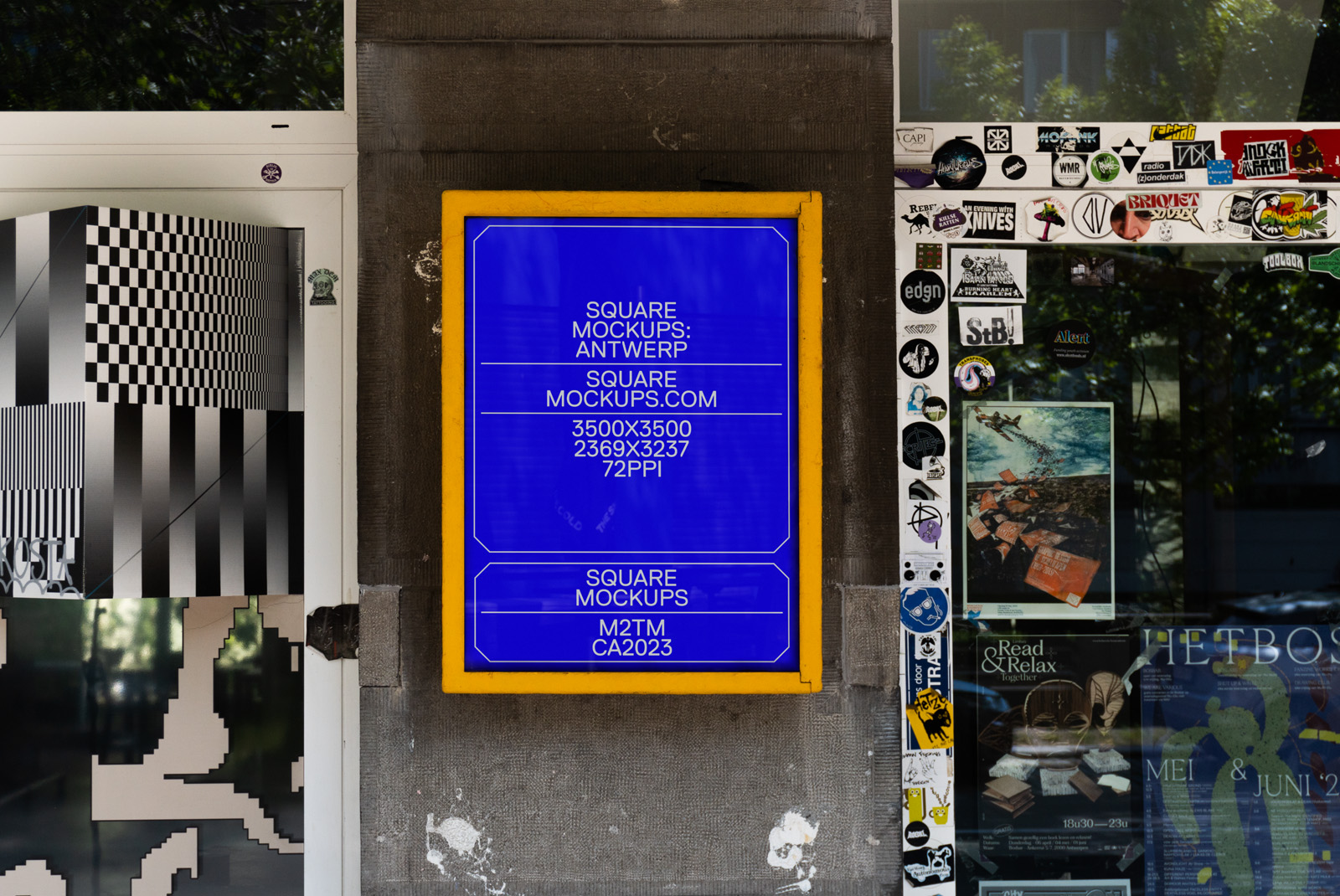 Urban poster mockup on wall surrounded by various stickers, showcasing design details for a square mockup template, ideal for graphics and templates category.